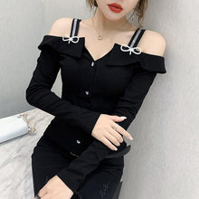 Load image into Gallery viewer, Women Elegant Slim Cut Off The shoulder Rhinestones Design Tops freeshipping - Tyche Ace
