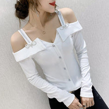 Load image into Gallery viewer, Women Elegant Slim Cut Off The shoulder Rhinestones Design Tops freeshipping - Tyche Ace
