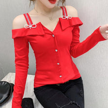 Load image into Gallery viewer, Women Elegant Slim Cut Off The shoulder Rhinestones Design Tops freeshipping - Tyche Ace
