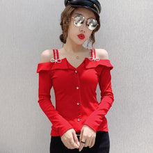 Load image into Gallery viewer, Women Elegant Slim Cut Off The shoulder Rhinestones Design Tops freeshipping - Tyche Ace
