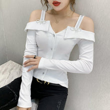 Load image into Gallery viewer, Women Elegant Slim Cut Off The shoulder Rhinestones Design Tops freeshipping - Tyche Ace
