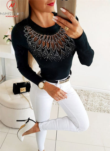 Women Elegant Slim Cut Patchwork Hollow Out Rhinestone Design Tops freeshipping - Tyche Ace