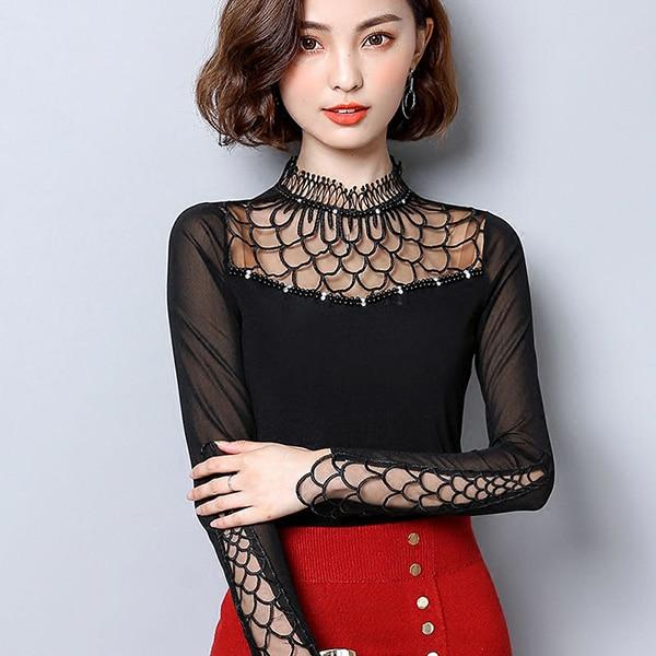 Women Elegant Slim Fit Hollow Cut out long sleeve Lace Mesh tops freeshipping - Tyche Ace