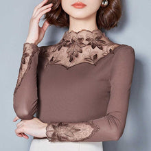 Load image into Gallery viewer, Women Embroidered Mesh Lace Turtleneck Collar Blouse freeshipping - Tyche Ace
