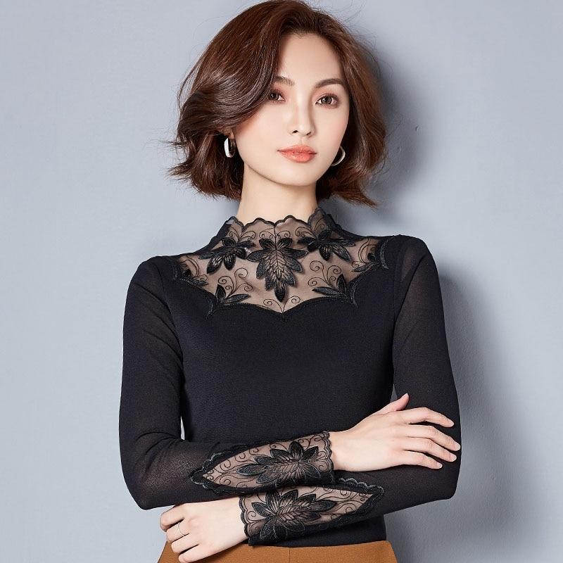 Women Embroidered Mesh Lace Turtleneck Collar Blouse freeshipping - Tyche Ace