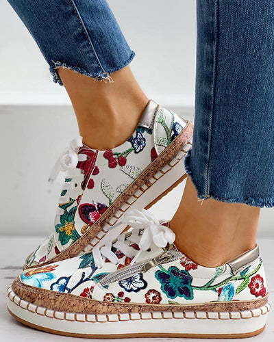 Women Floral Embroidered Zipper Design Casual Lace-Up Shoes freeshipping - Tyche Ace