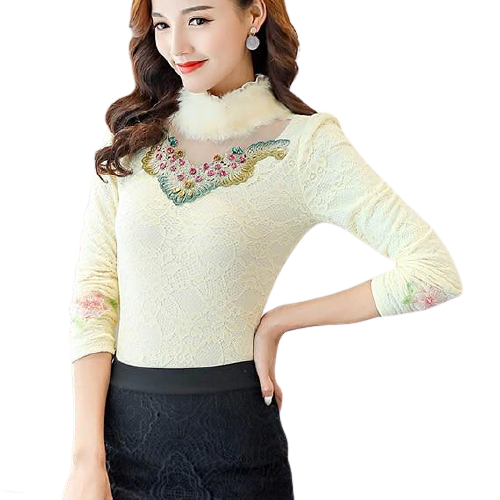 Women Front Embroidered Thick Velvet Lace Faux Fur Collar Blouse freeshipping - Tyche Ace