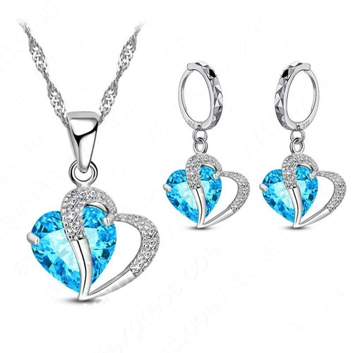 Women Heart Design Sterling Silver Cubic Zircon Necklace Pendant Earrings Sets freeshipping - Tyche Ace