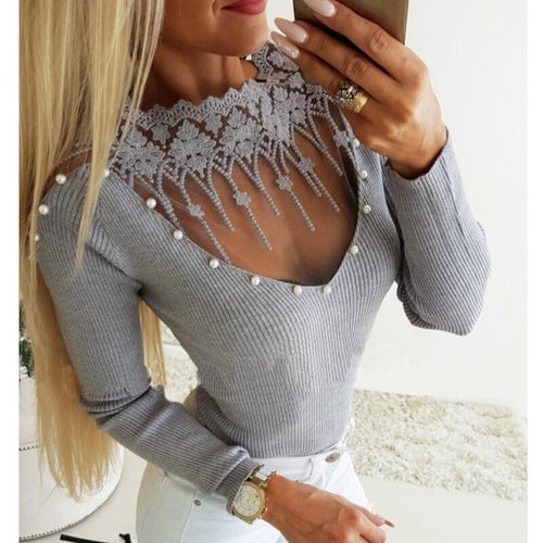 Women Knitted Lace Patchwork Slim Fit Tops freeshipping - Tyche Ace
