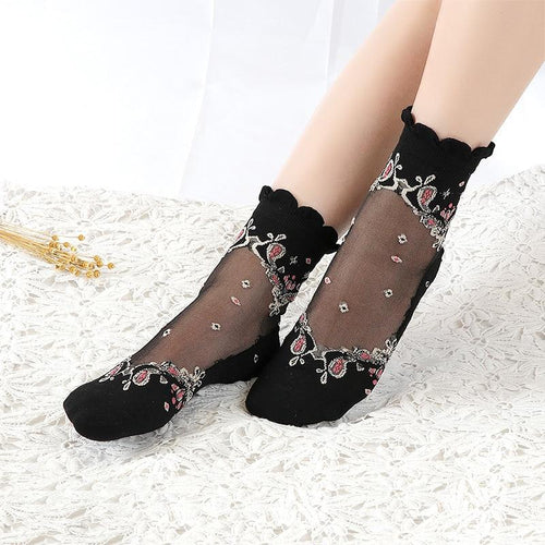 Women Lace Soft  Sheer Silk Elastic Mesh Knit Frill Trim Socks freeshipping - Tyche Ace