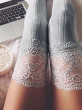 Load image into Gallery viewer, Women Lace Trim Thigh High Cable Knit Long Over Knee Warm Stockings freeshipping - Tyche Ace
