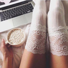 Load image into Gallery viewer, Women Lace Trim Thigh High Cable Knit Long Over Knee Warm Stockings freeshipping - Tyche Ace
