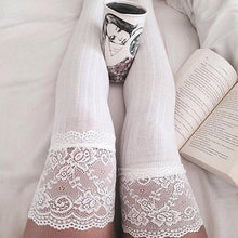 Load image into Gallery viewer, Women Lace Trim Thigh High Cable Knit Long Over Knee Warm Stockings freeshipping - Tyche Ace
