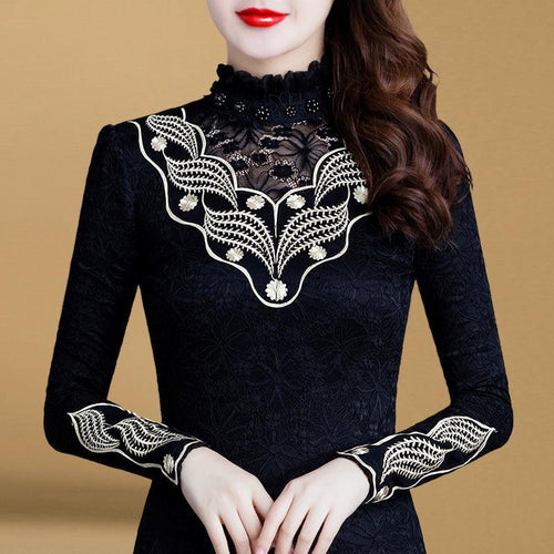 Women Lace Warm High Collar Long Sleeve Blouse freeshipping - Tyche Ace