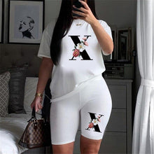 Load image into Gallery viewer, Women Letter Print Design Short Sleeve T Shirts and Shorts  Casual Joggers Set freeshipping - Tyche Ace
