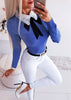 Women Long Sleeve Patchwork Bow Lace Design Turn-down Collar Blouse freeshipping - Tyche Ace