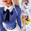 Women Long Sleeve Patchwork Bow Lace Design Turn-down Collar Blouse freeshipping - Tyche Ace
