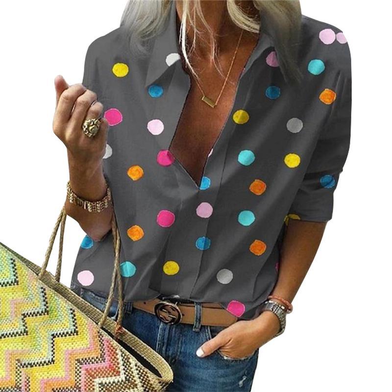 Women Polka Dot Long Sleeve Turn Down Collar Blouse freeshipping - Tyche Ace