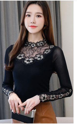 Women Rhinestone Hollowed Cut Out Embroidered Long Sleeve Blouse freeshipping - Tyche Ace