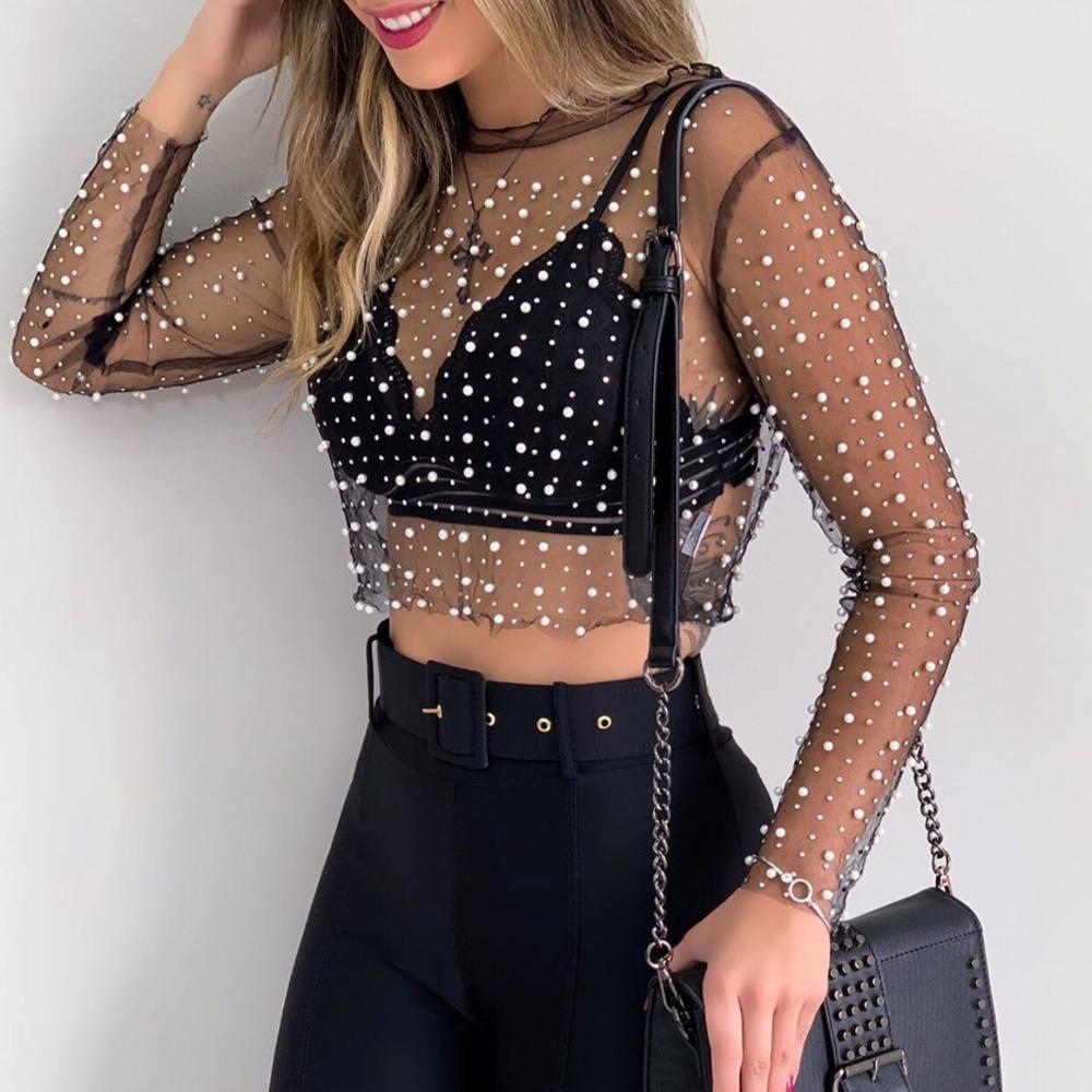 Women Slim Fit Mesh See-Through Patchwork Rhine Stones Pearl Crop Top freeshipping - Tyche Ace