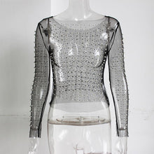 Load image into Gallery viewer, Women Slim Fit Mesh See-Through Patchwork Rhine Stones Pearl Crop Top freeshipping - Tyche Ace
