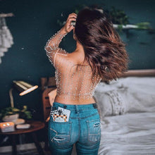 Load image into Gallery viewer, Women Slim Fit Mesh See-Through Patchwork Rhine Stones Pearl Crop Top freeshipping - Tyche Ace
