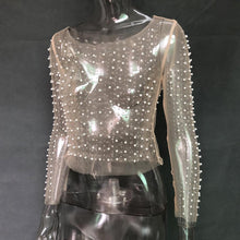 Load image into Gallery viewer, Women Slim Fit Mesh See-Through Patchwork Rhine Stones Pearl Crop Top freeshipping - Tyche Ace
