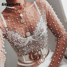 Load image into Gallery viewer, Women Slim Fit Mesh See-Through Patchwork Rhine Stones Pearl Crop Top freeshipping - Tyche Ace
