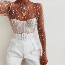 Load image into Gallery viewer, Women Slim Fit Mesh See-Through Patchwork Rhine Stones Pearl Crop Top freeshipping - Tyche Ace
