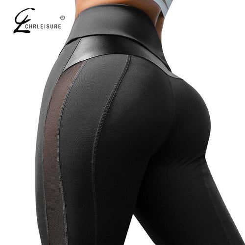 Women Solid High Waist Mesh And PU Leather Patchwork Leggings freeshipping - Tyche Ace