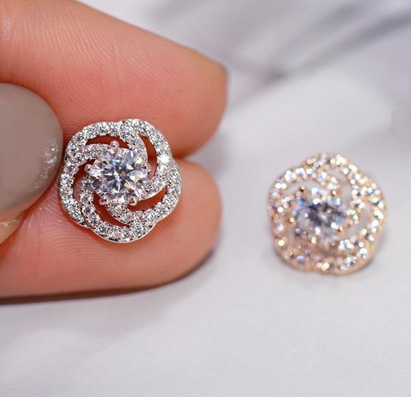 Women Sterling Silver Twist Stackable Rose Flower Zircon Crystal Stud Earrings freeshipping - Tyche Ace