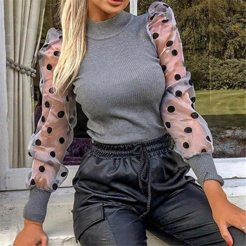 Women Turtleneck Knitted Polka Dot Puff Mesh Long Sleeve Blouse freeshipping - Tyche Ace