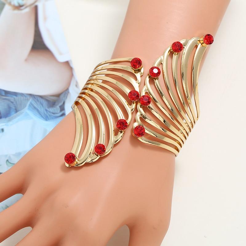 Women Wide Feather Design Rhinestone Metal Plated Cuff Bangle freeshipping - Tyche Ace